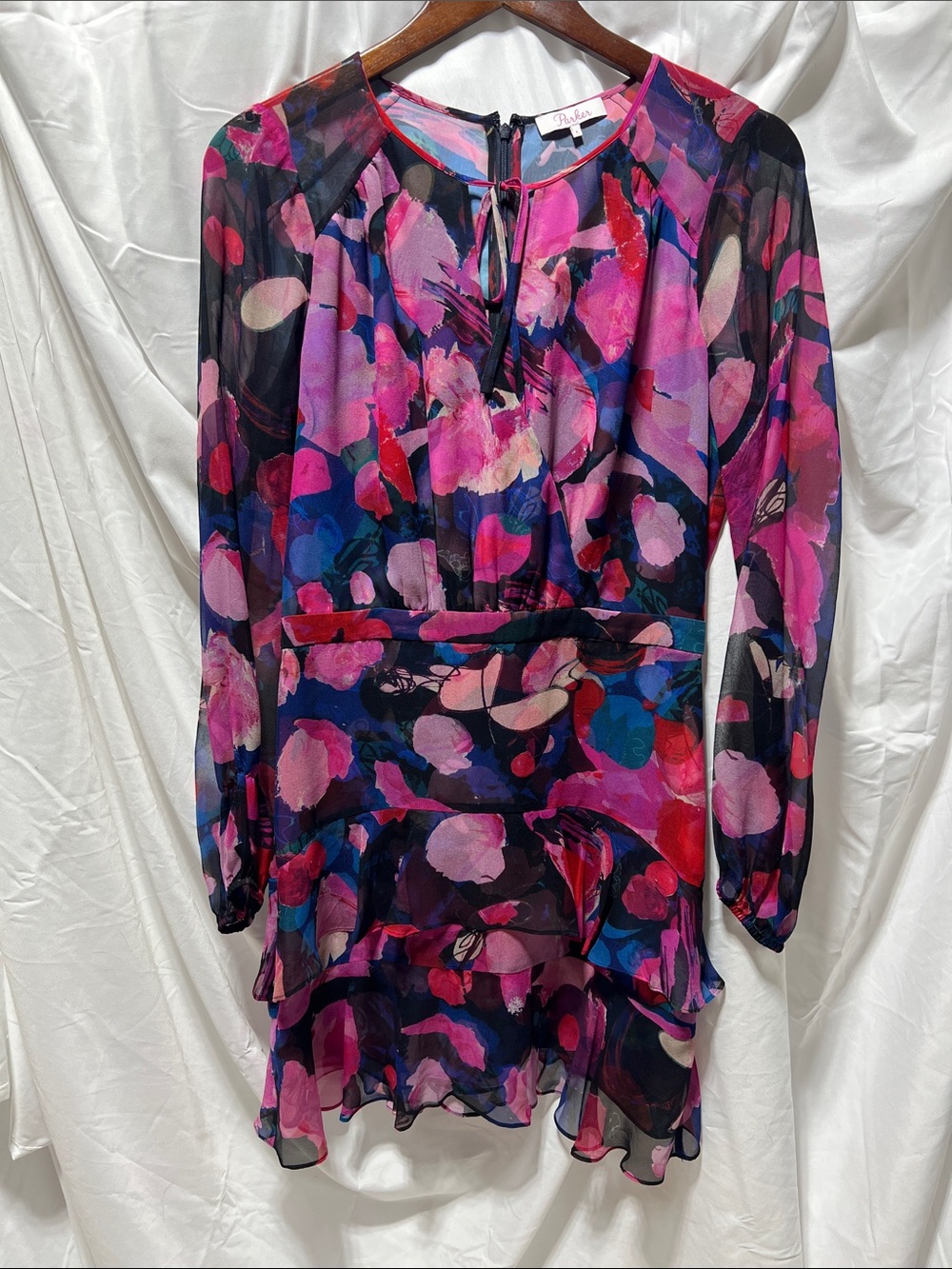 Parker Pink Multi Floral Sheer Long-Sleeve Dress